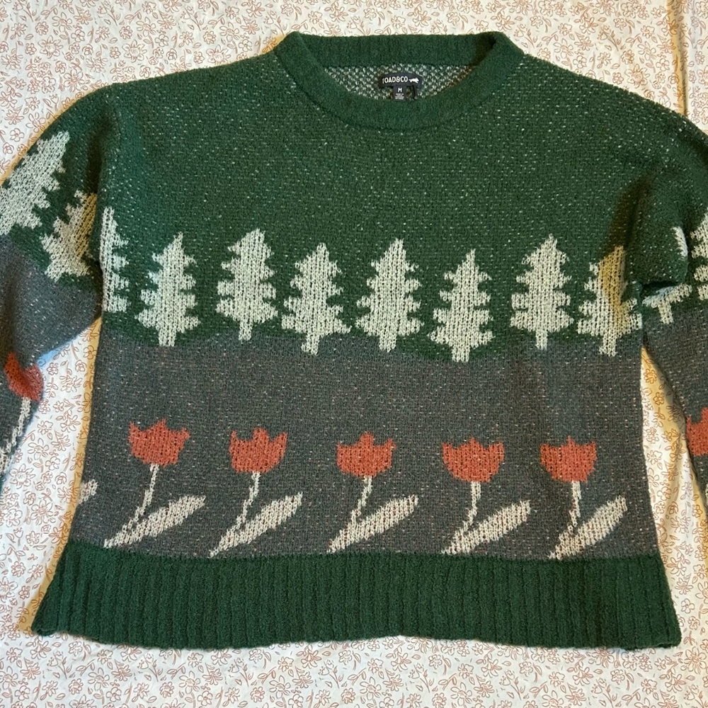 Toad&Co Forest Green Knit with Trees and Flowers Sweater M/L
